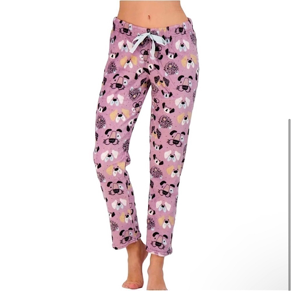 NYC UNDERGROUND Soft & Lightweight Fleece Pajama Pants; Pink with Puppy Print